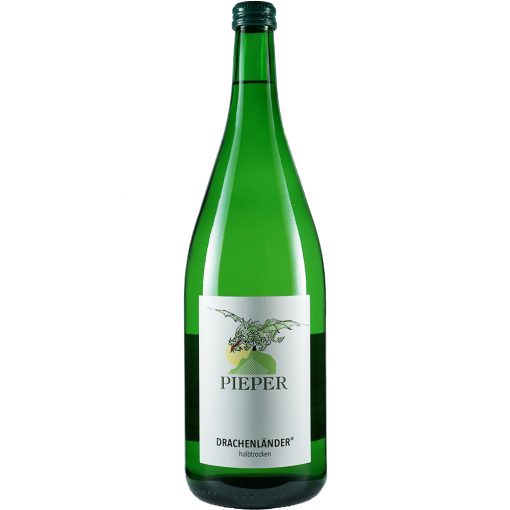 Weinflasche, Drachenländer halbtrocken, Weißwein, Weingut Pieper, Mittelrhein