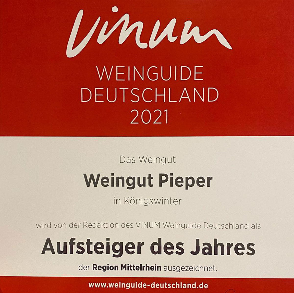 Urkunde VINUM Weinguide 2021 - Weingut Pieper: Aufsteiger des Jahres Mittelrhein