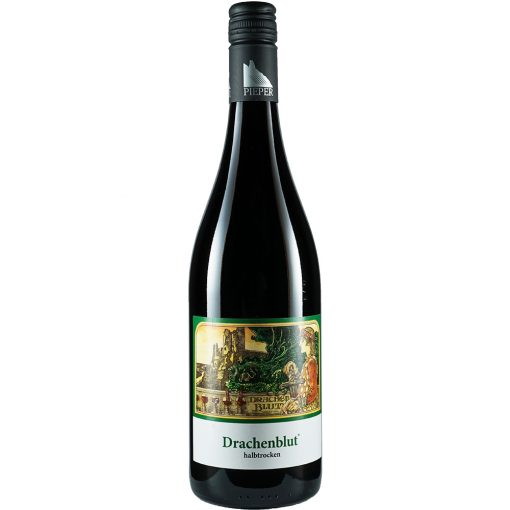 Weinflasche, Drachenblut halbtrocken, Rotwein, Weingut Pieper, Mittelrhein