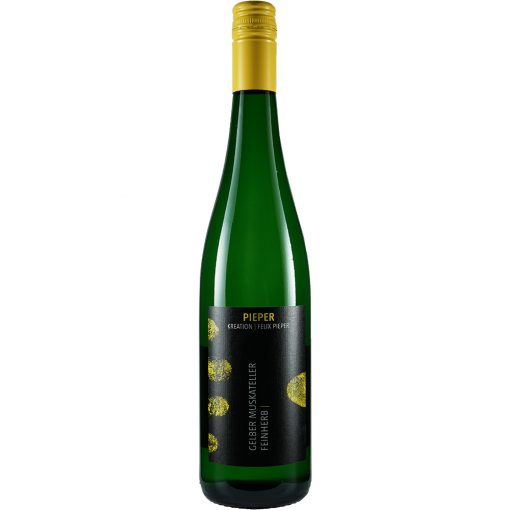 Weinflasche, Gelber Muskateller feinherb, Weißwein, Weingut Pieper, Mittelrhein