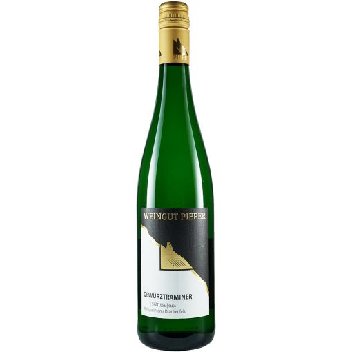 Weinflasche, Gewürztraminer Spätlese süß, Weißwein, Weingut Pieper, Mittelrhein